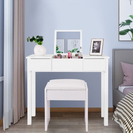Vanity Makeup Dressing Table Set with Flip Top Mirror and Cushioned Stool-White