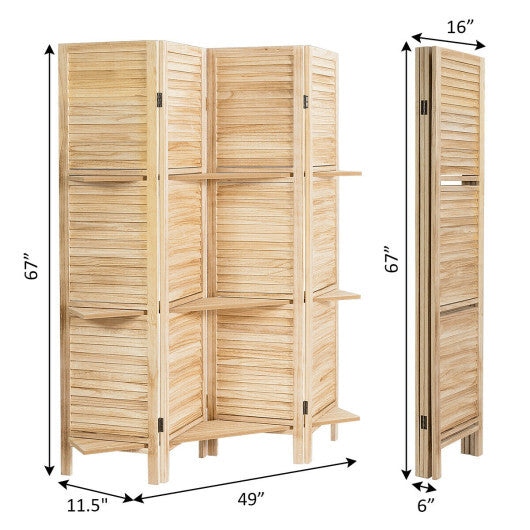 4 Panel Folding Room Divider Screen with 3 Display Shelves-White