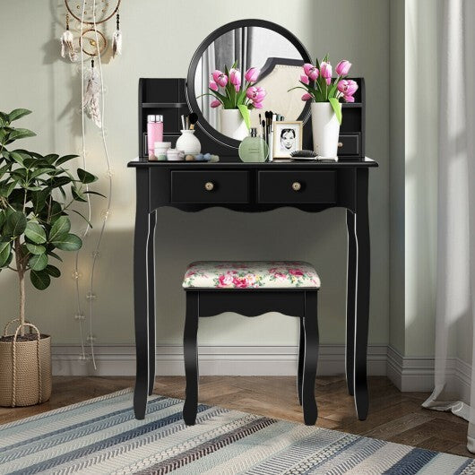 Makeup Vanity Table Set Girls Dressing Table with Drawers Oval Mirror-Black - Color: Black