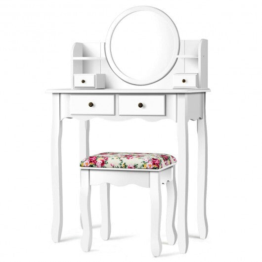 Makeup Vanity Table Set Girls Dressing Table with Drawers Oval Mirror-Black