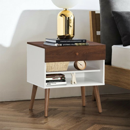Mid-Century Nightstand with Drawer and Rubber Wood Legs - Color: Brown