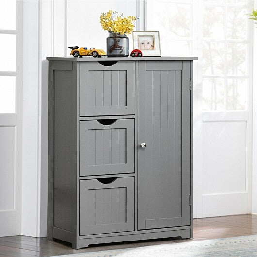 Bathroom Floor Cabinet Side Storage Cabinet with 3 Drawers and 1 Cupboard-Gray - Color: Gray