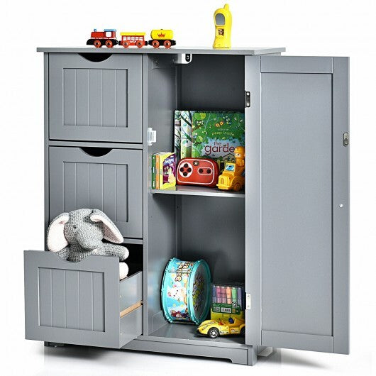 Bathroom Floor Cabinet Side Storage Cabinet with 3 Drawers and 1 Cupboard-Gray - Color: Gray