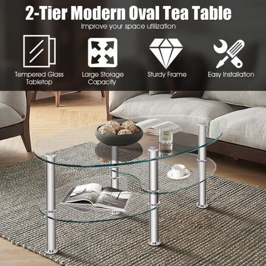 Tempered Glass Oval Side Coffee Table-Transparent - Color: Transparent