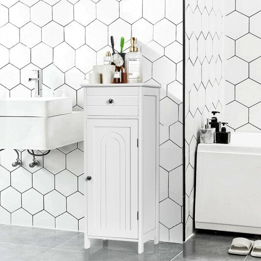 Wooden Storage Free-Standing Floor Cabinet with Drawer and Shelf-White - Color: White