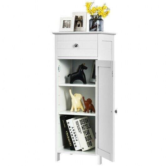 Wooden Storage Free-Standing Floor Cabinet with Drawer and Shelf-White - Color: White