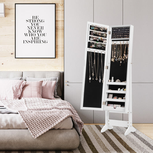 Mirrored Standing Jewelry Cabinet Storage Box-White - Color: White