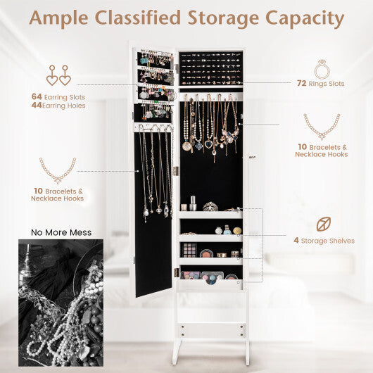 Mirrored Standing Jewelry Cabinet Storage Box-White - Color: White