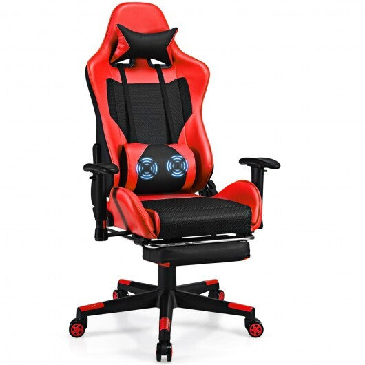 PU Leather Gaming Chair with USB Massage Lumbar Pillow and Footrest -Pink