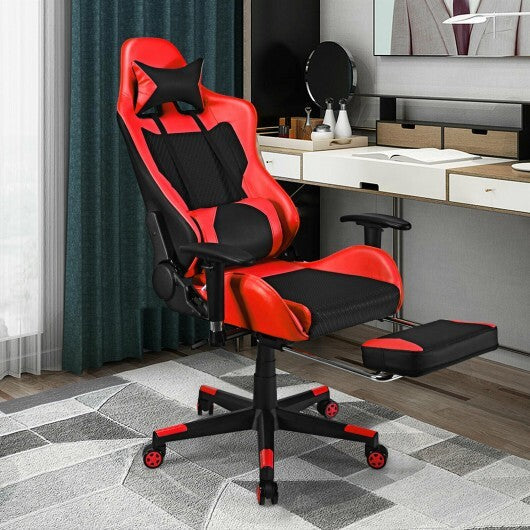 PU Leather Gaming Chair with USB Massage Lumbar Pillow and Footrest -Pink