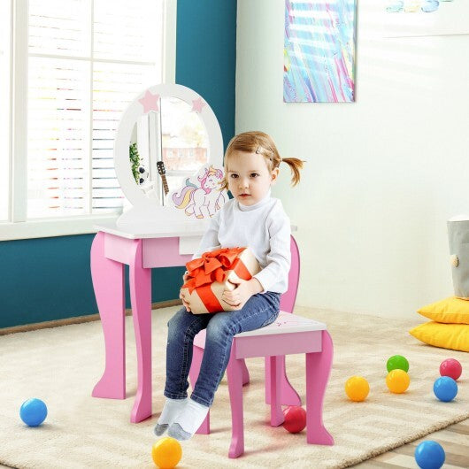 Kids Wooden Makeup Dressing Table and Chair Set with Mirror and Drawer-Pink - Color: Pink
