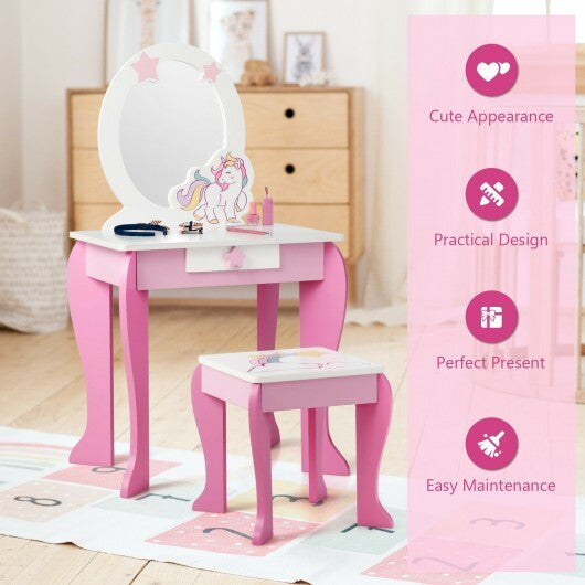 Kids Wooden Makeup Dressing Table and Chair Set with Mirror and Drawer-Pink - Color: Pink