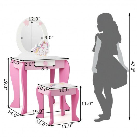 Kids Wooden Makeup Dressing Table and Chair Set with Mirror and Drawer-Pink - Color: Pink