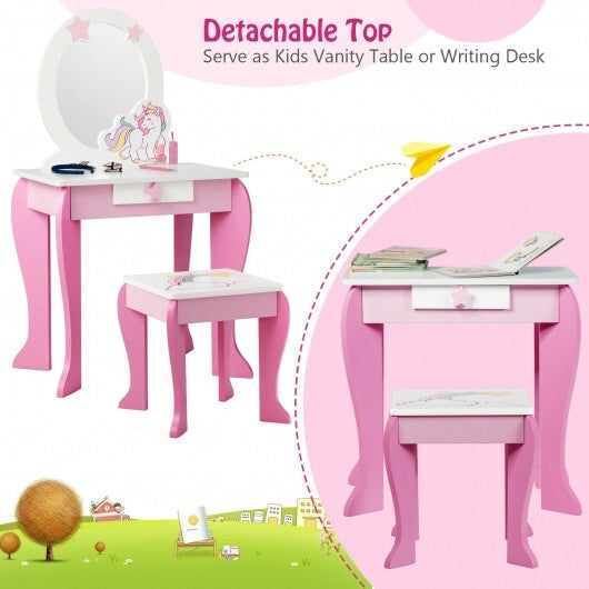Kids Wooden Makeup Dressing Table and Chair Set with Mirror and Drawer-Pink - Color: Pink