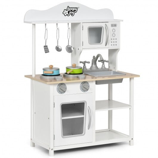 Wooden Pretend Play Kitchen Set for Kids with Accessories and Sink - Color: White