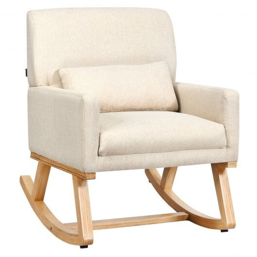 Upholstered Rocking Chair with and Solid Wood Base-Beige