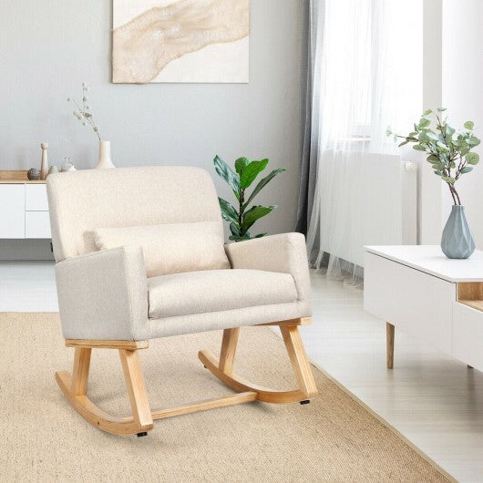 Upholstered Rocking Chair with and Solid Wood Base-Beige