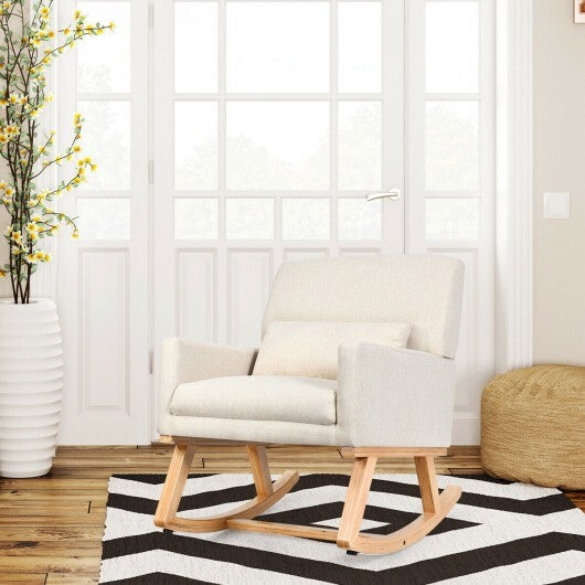 Upholstered Rocking Chair with and Solid Wood Base-Beige