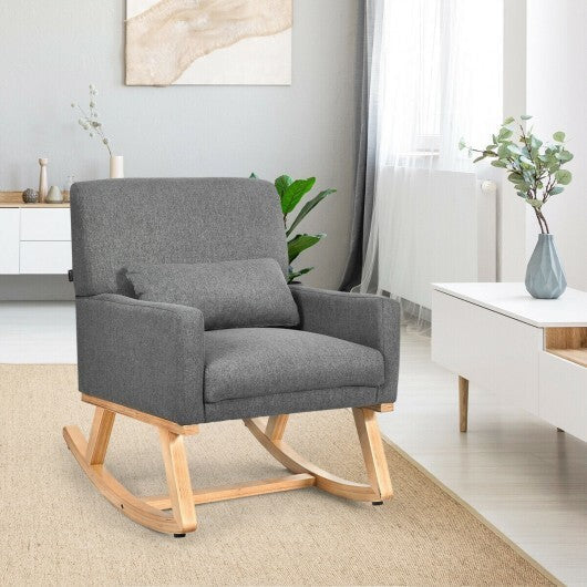 Upholstered Rocking Chair with and Solid Wood Base-Beige