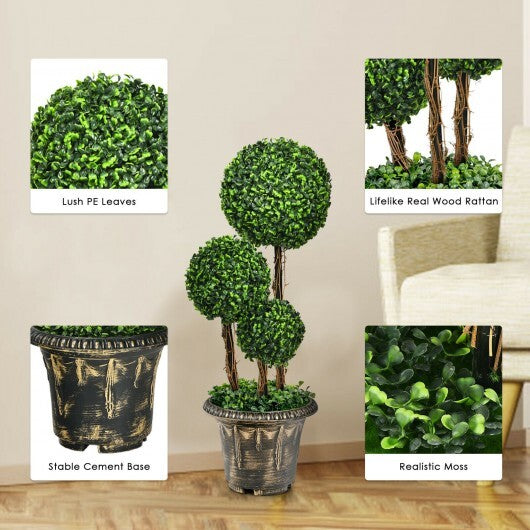 30 Inch Artificial Topiary Triple Ball Tree Indoor and Outdoor UV Protection - Color: Green