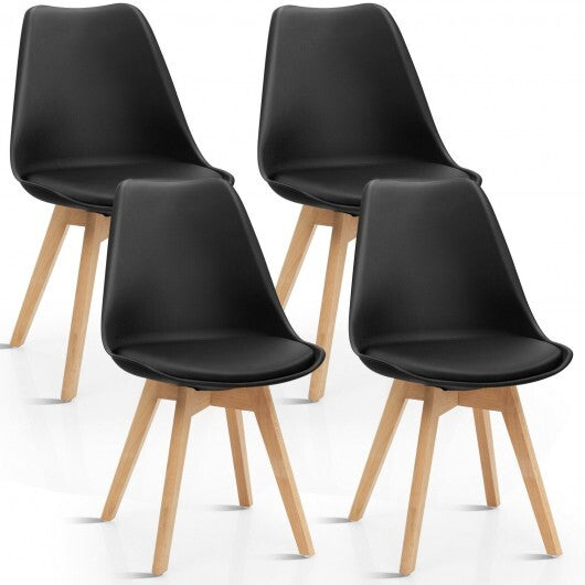 Set of 4 Dining Chairs Mid-Century Modern Shell PU Seat with Wooden Legs-Black