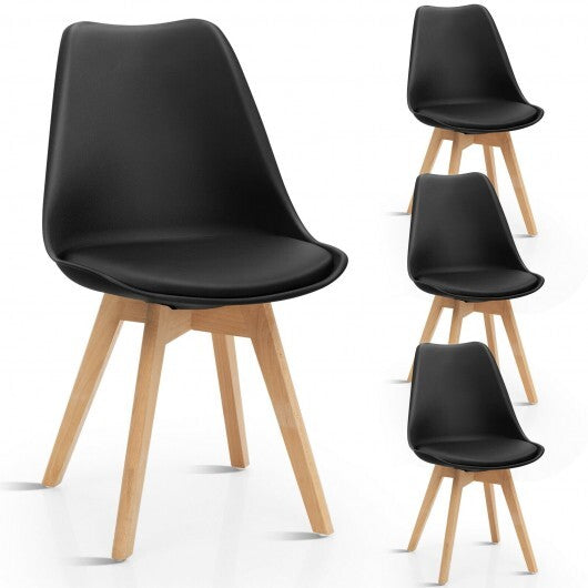 Set of 4 Dining Chairs Mid-Century Modern Shell PU Seat with Wooden Legs-Black