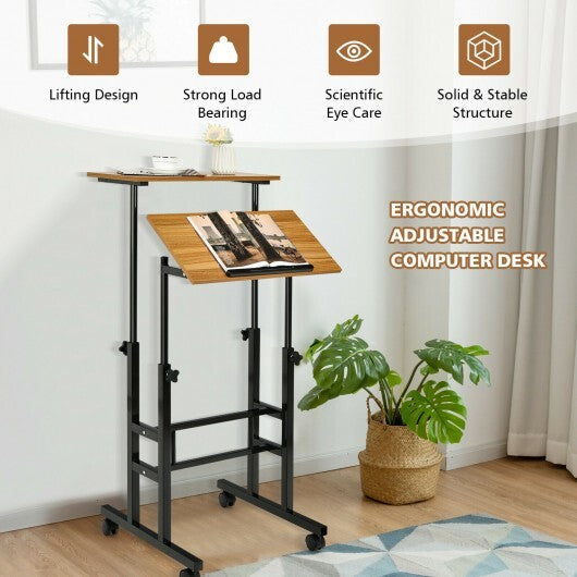 Height-adjustable Mobile Standing Desk with Split Top and Adjustable Angle-Natural