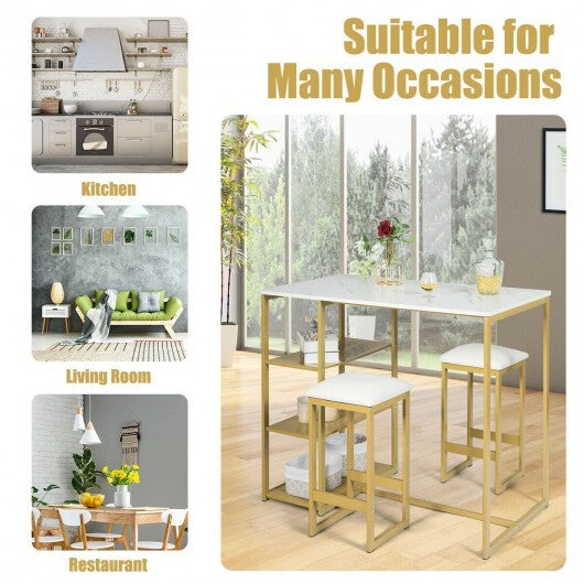 3 pcs Dining Set with Faux Marble Top Table and 2 Stools-Black
