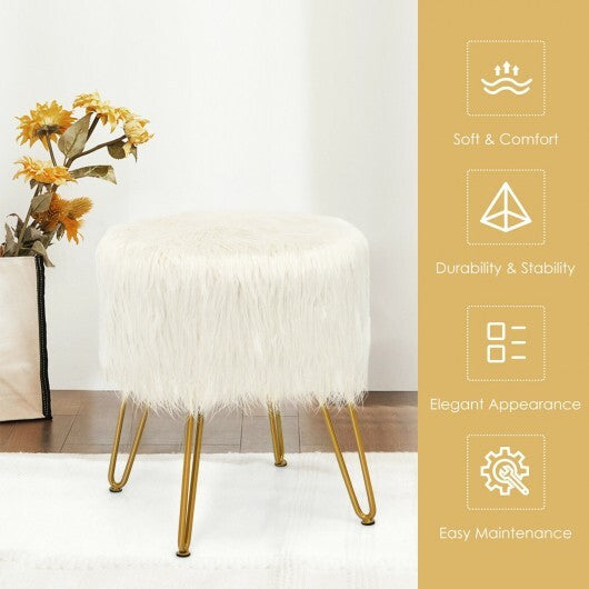 Faux Fur Vanity Stool Chair with Metal Legs for Bedroom and Living Room-White - Color: White