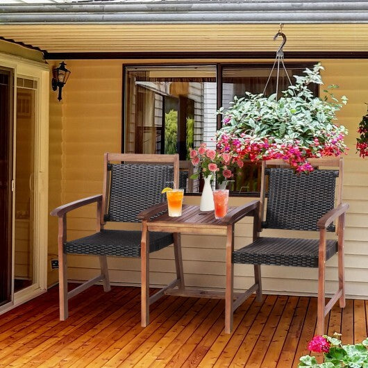 2-Seat Patio Rattan Acacia Wood Chair with Coffee Table