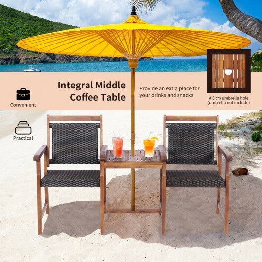 2-Seat Patio Rattan Acacia Wood Chair with Coffee Table
