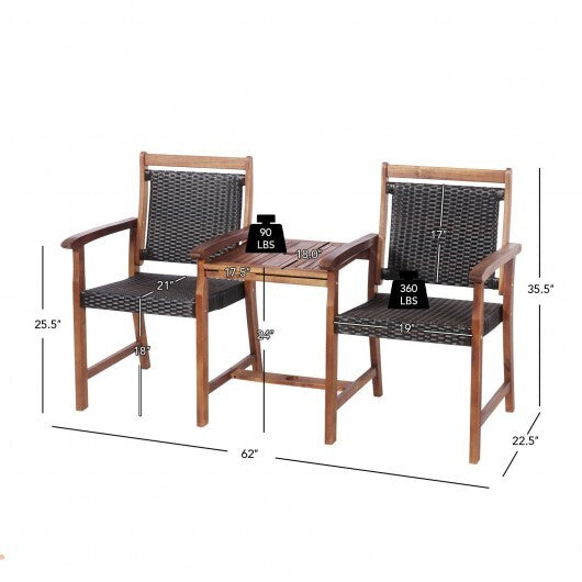 2-Seat Patio Rattan Acacia Wood Chair with Coffee Table