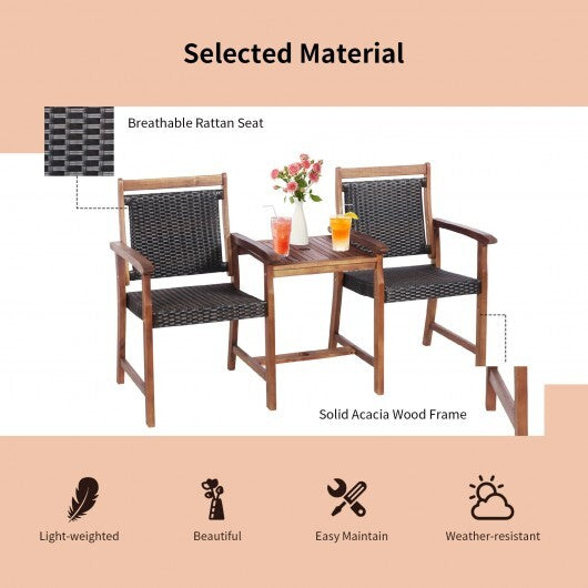 2-Seat Patio Rattan Acacia Wood Chair with Coffee Table