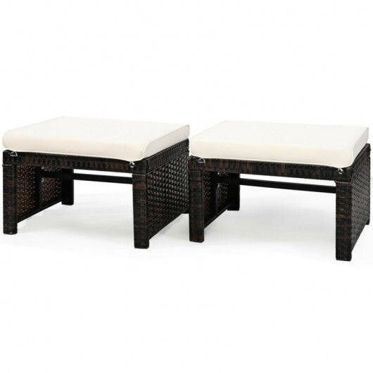 2 Pieces Patio Rattan Ottomans with Soft Cushion for Patio and Garden-Red