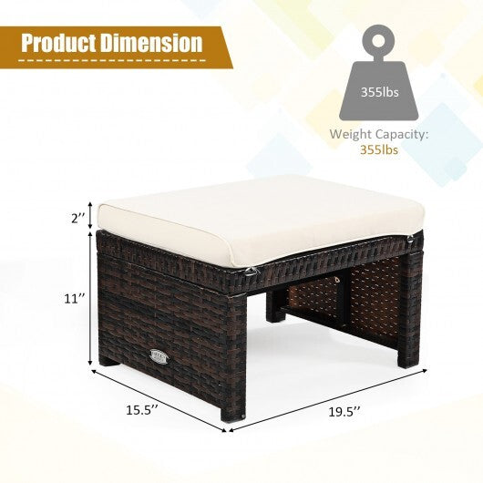 2 Pieces Patio Rattan Ottomans with Soft Cushion for Patio and Garden-Red