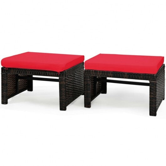 2 Pieces Patio Rattan Ottomans with Soft Cushion for Patio and Garden-Red