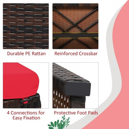 2 Pieces Patio Rattan Ottomans with Soft Cushion for Patio and Garden-Red