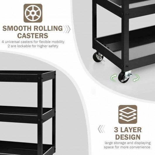 3-Tier Utility Cart Rolling Metal Cart with Handle and Universal Wheels-Black