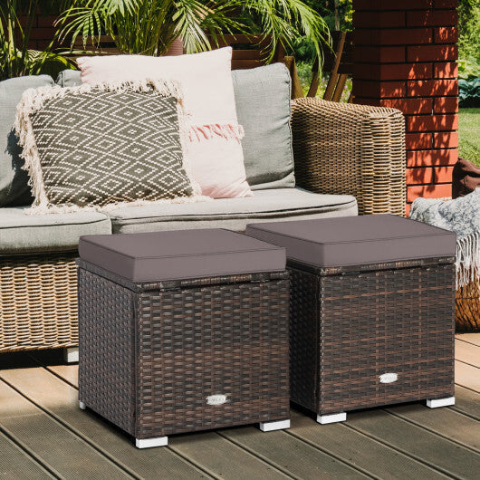 2 Pieces Patio Ottoman with Removable Cushions-Gray - Color: Gray