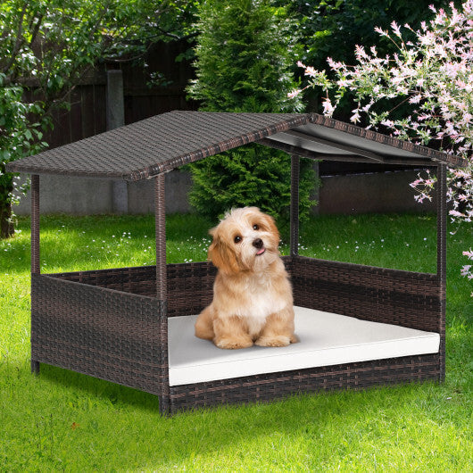 Outdoor Wicker Dog House with Weatherproof Roof-Gray