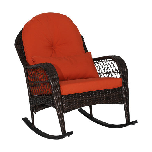 Patio Rattan Rocking Chair with Seat Back Cushions and Waist Pillow-White