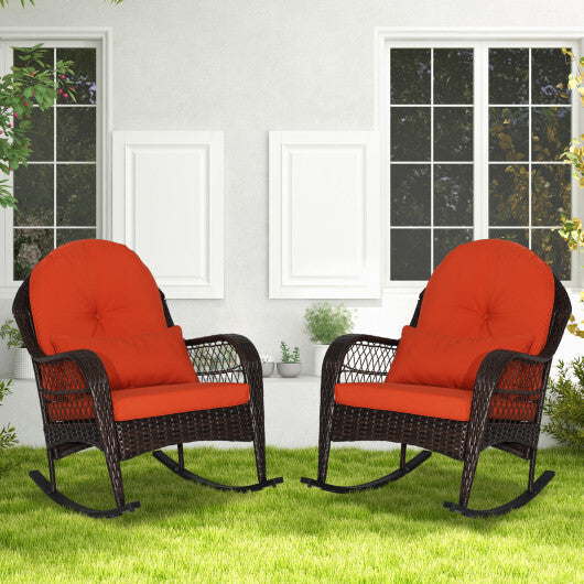 Patio Rattan Rocking Chair with Seat Back Cushions and Waist Pillow-White