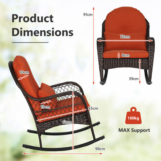 Patio Rattan Rocking Chair with Seat Back Cushions and Waist Pillow-White