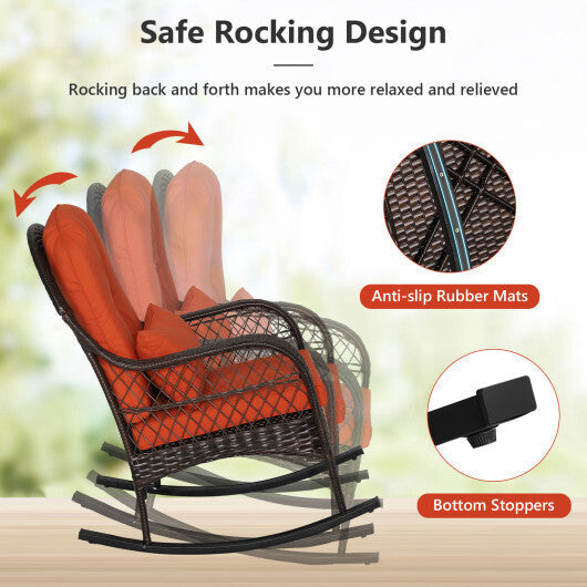 Patio Rattan Rocking Chair with Seat Back Cushions and Waist Pillow-White