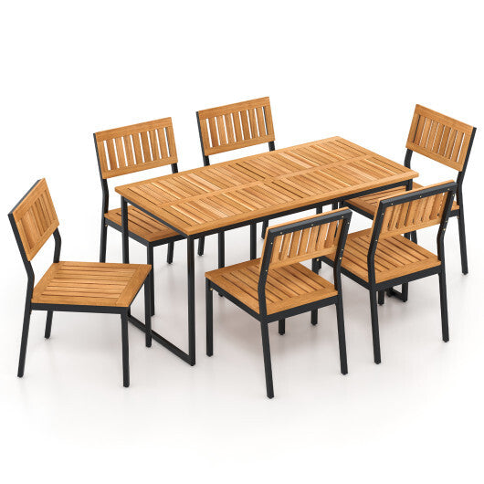 Patio Dining Chair Set of 2 with Metal and Acacia Wood Frame