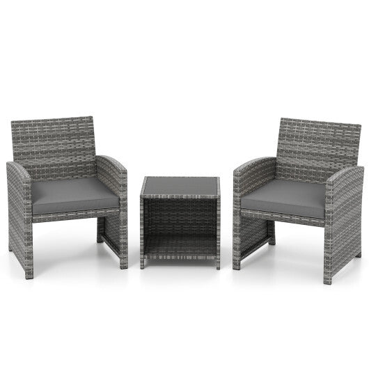 3 Pieces Patio Furniture Set with Tempered Glass Coffee Table and Soft Seat Cushions-White