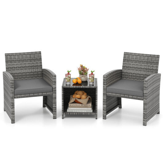 3 Pieces Patio Furniture Set with Tempered Glass Coffee Table and Soft Seat Cushions-White