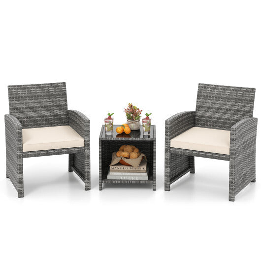 3 Pieces Patio Furniture Set with Tempered Glass Coffee Table and Soft Seat Cushions-White