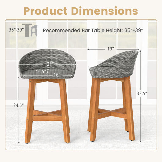 Outdoor Faux Rattan Bar Chairs Set of 2 with Ergonomic Backrests and Footrests-Brown