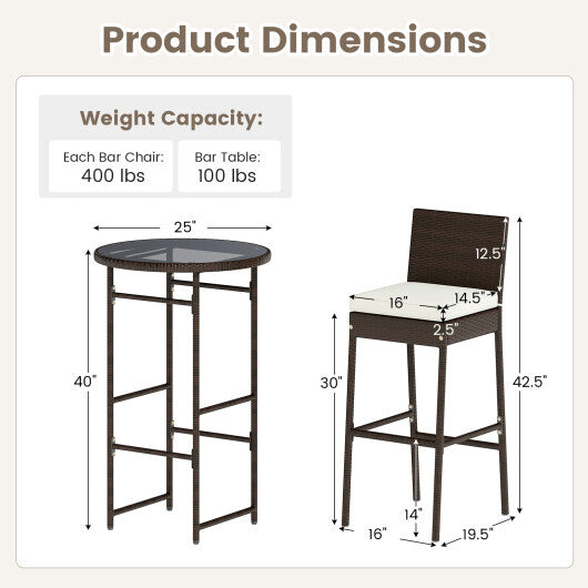 3 Piece Outdoor Bar Set Patio Heavy-Duty Metal Barstool and Table Set-White